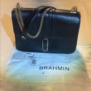 Brahmin Rosalie Black Gryphon Leather Shoulder Bag with Gold Chain